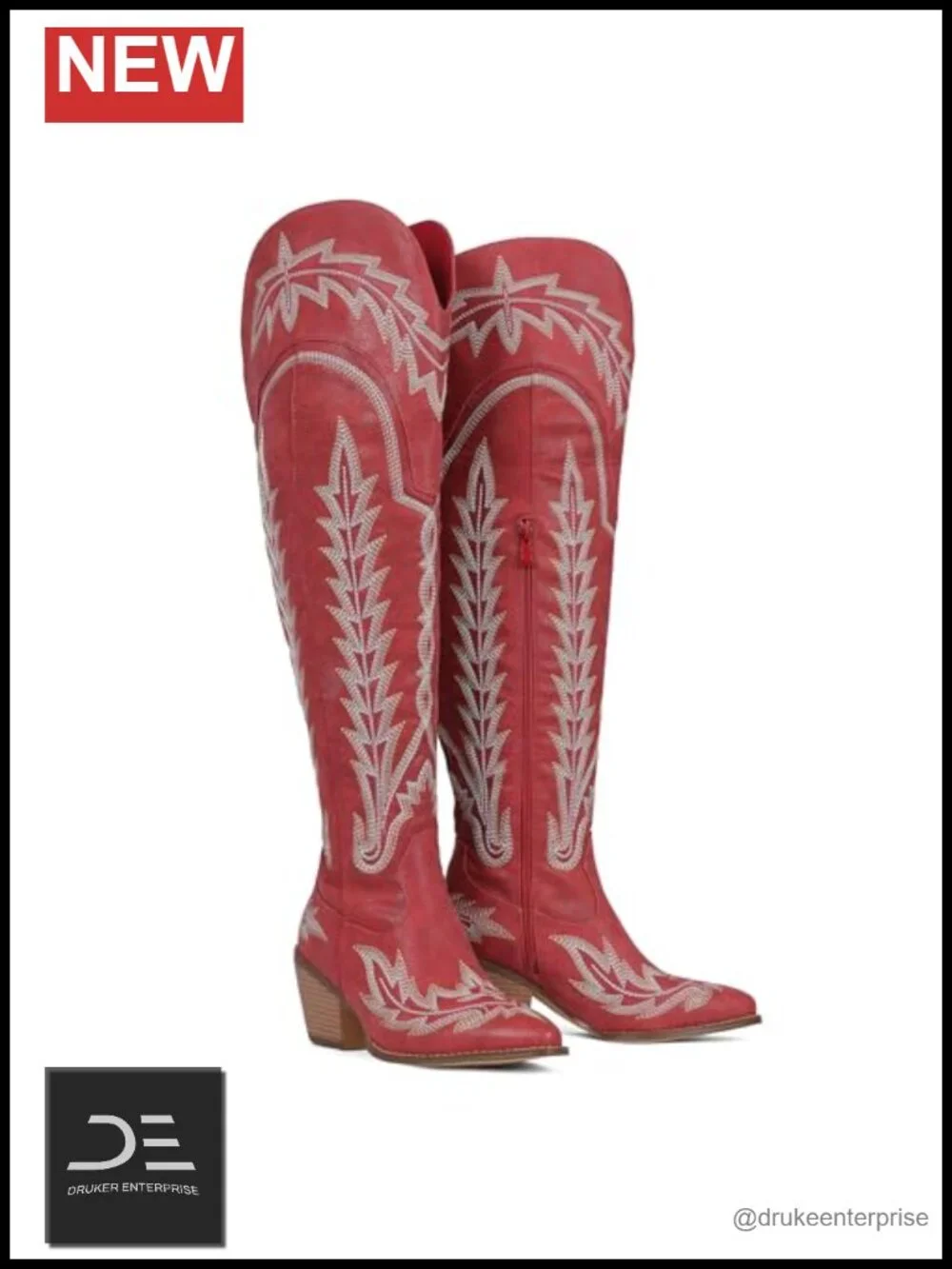 Wide Calf Embroidered Knee High Western Boots Women Chunky Heel Side Zip